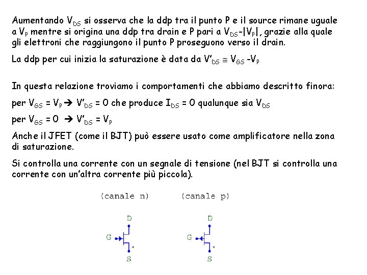 Aumentando VDS si osserva che la ddp tra il punto P e il source Aumentando VDS si osserva che la ddp tra il punto P e il source