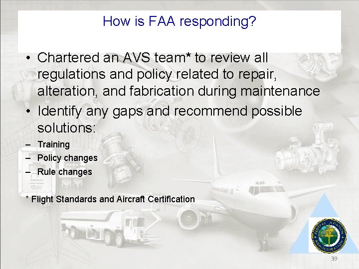 How is FAA responding? • Chartered an AVS team* to review all regulations and