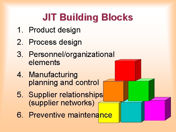 JIT Building Blocks 1. Product design 2. Process design 3. Personnel/organizational elements 4. Manufacturing