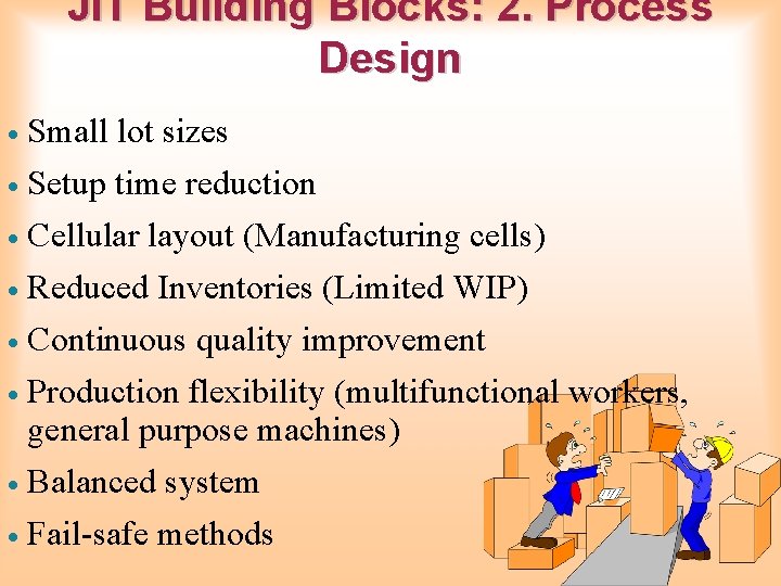 JIT Building Blocks: 2. Process Design Small lot sizes · Setup time reduction ·