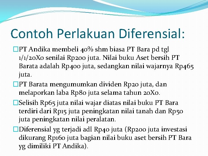 Contoh Perlakuan Diferensial: �PT Andika membeli 40% shm biasa PT Bara pd tgl 1/1/20