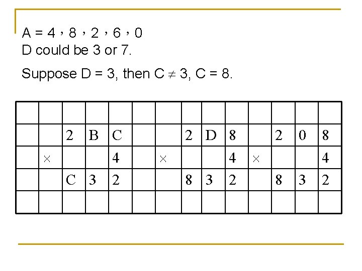 A = 4,8,2,6,0 D could be 3 or 7. Suppose D = 3, then A = 4,8,2,6,0 D could be 3 or 7. Suppose D = 3, then