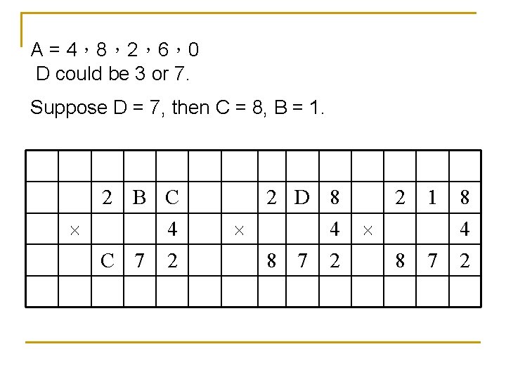 A = 4,8,2,6,0 D could be 3 or 7. Suppose D = 7, then A = 4,8,2,6,0 D could be 3 or 7. Suppose D = 7, then