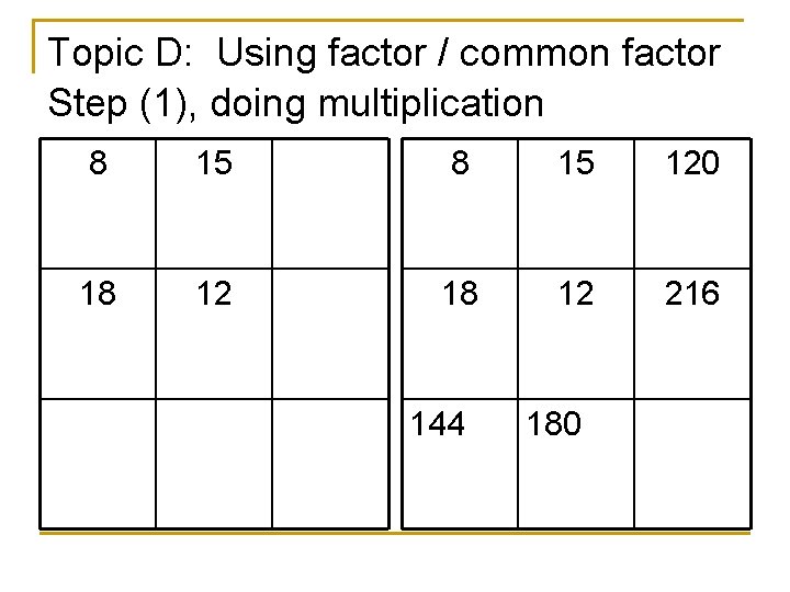 Topic D: Using factor / common factor Step (1), doing multiplication 8 15 120 Topic D: Using factor / common factor Step (1), doing multiplication 8 15 120