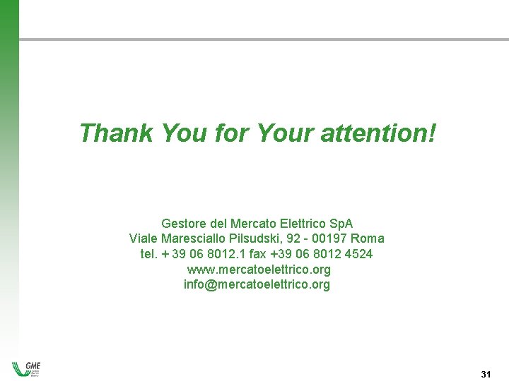 Thank You for Your attention! Gestore del Mercato Elettrico Sp. A Viale Maresciallo Pilsudski,
