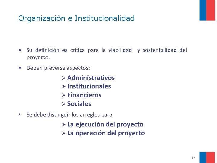 Organización e Institucionalidad • Su definición es crítica para la viabilidad y sostenibilidad del