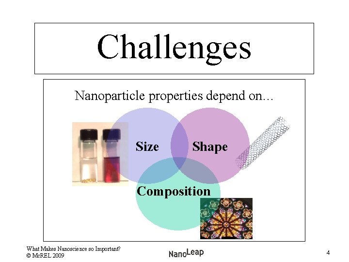 Challenges Nanoparticle properties depend on… Size Shape Composition What Makes Nanoscience so Important? ©