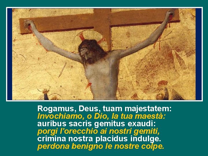 Rogamus, Deus, tuam majestatem: Invochiamo, o Dio, la tua maestà: auribus sacris gemitus exaudi: