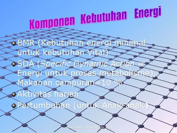 BMR (Kebutuhan energi minimal untuk kebutuhan Vital) SDA (Specific Dynamic Action = Energi untuk