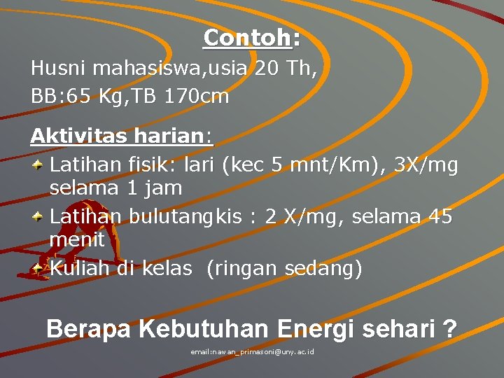 Contoh: Husni mahasiswa, usia 20 Th, BB: 65 Kg, TB 170 cm Aktivitas harian: