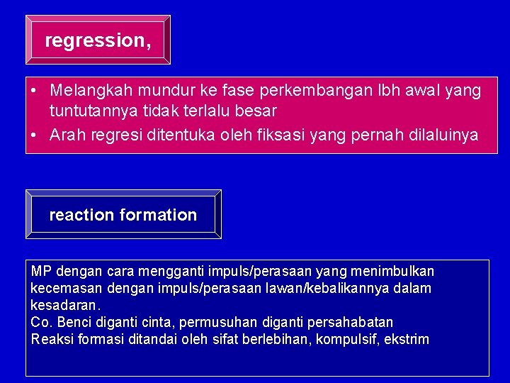 regression, • Melangkah mundur ke fase perkembangan lbh awal yang tuntutannya tidak terlalu besar