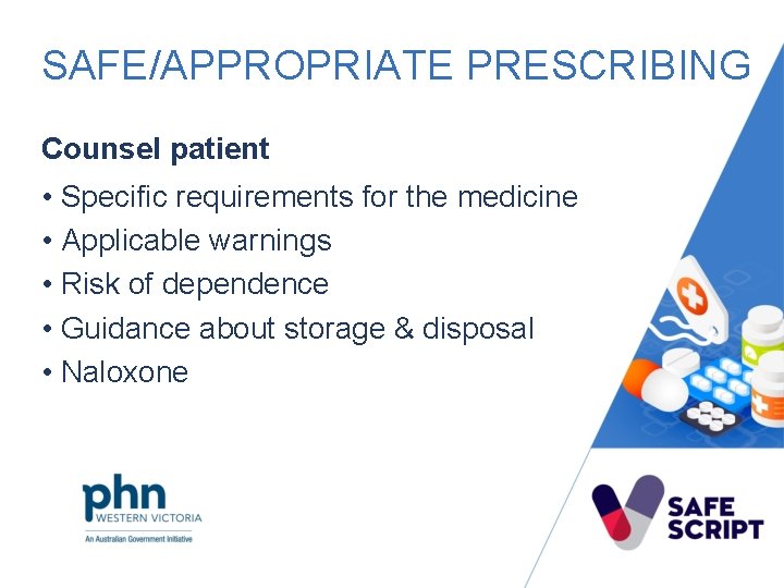 SAFE/APPROPRIATE PRESCRIBING Counsel patient • Specific requirements for the medicine • Applicable warnings •