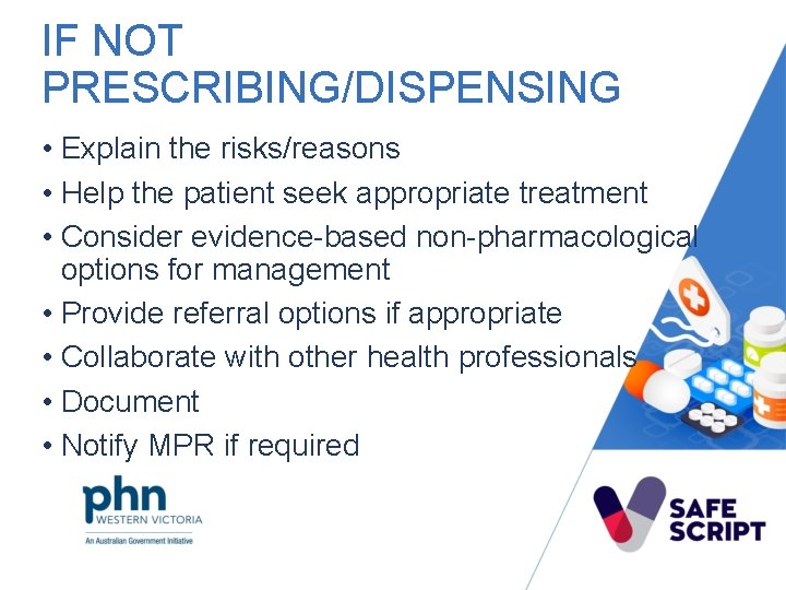 IF NOT PRESCRIBING/DISPENSING • Explain the risks/reasons • Help the patient seek appropriate treatment