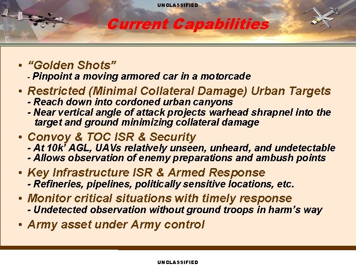 UNCLASSIFIED Current Capabilities • “Golden Shots” - Pinpoint a moving armored car in a