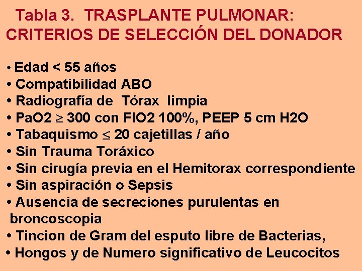 Tabla 3. TRASPLANTE PULMONAR: CRITERIOS DE SELECCIÓN DEL DONADOR • Edad < 55 años