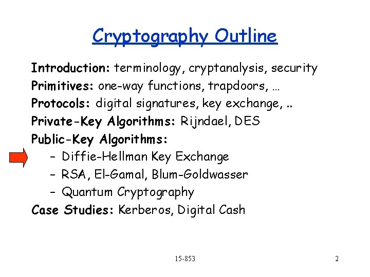 Cryptography Outline Introduction: terminology, cryptanalysis, security Primitives: one-way functions, trapdoors, … Protocols: digital signatures,