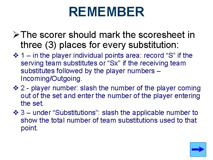 REMEMBER Ø The scorer should mark the scoresheet in three (3) places for every
