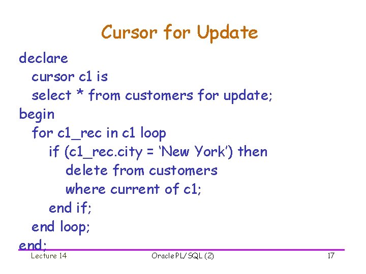 Cursor for Update declare cursor c 1 is select * from customers for update;