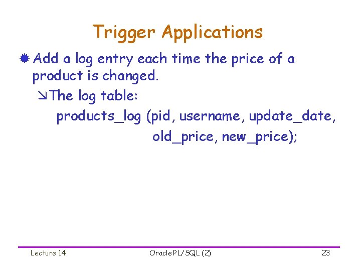 Trigger Applications ® Add a log entry each time the price of a product