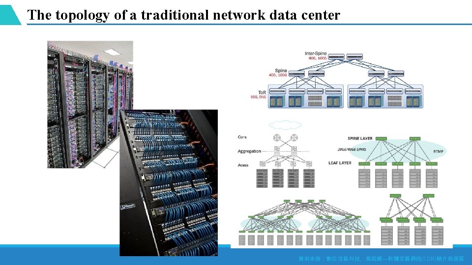 The topology of a traditional network data center 資料來源：數位活氧科技，高銘聰—軟體定義網路(SDN)簡介與發展 