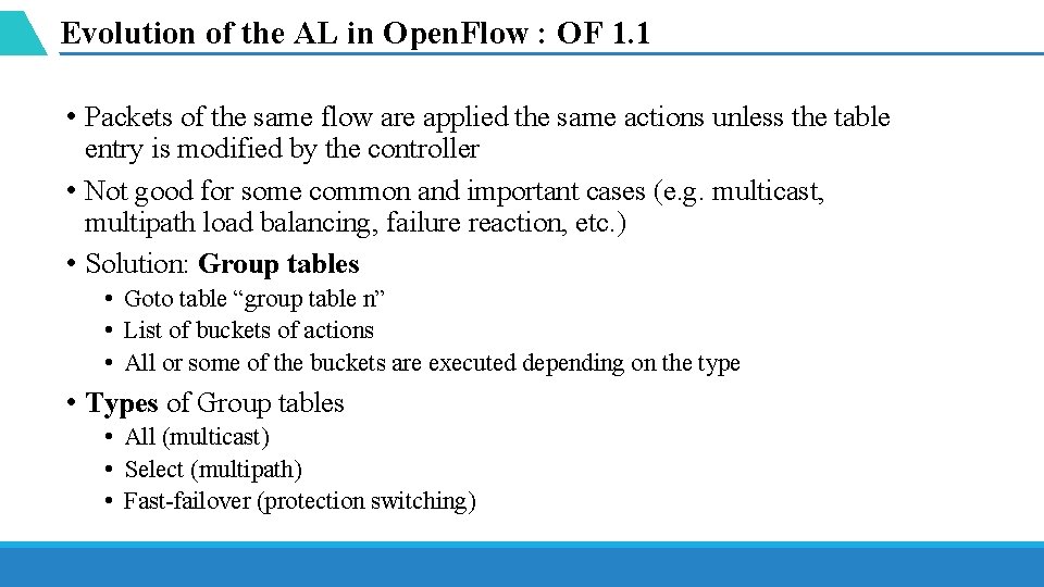 Evolution of the AL in Open. Flow : OF 1. 1 • Packets of