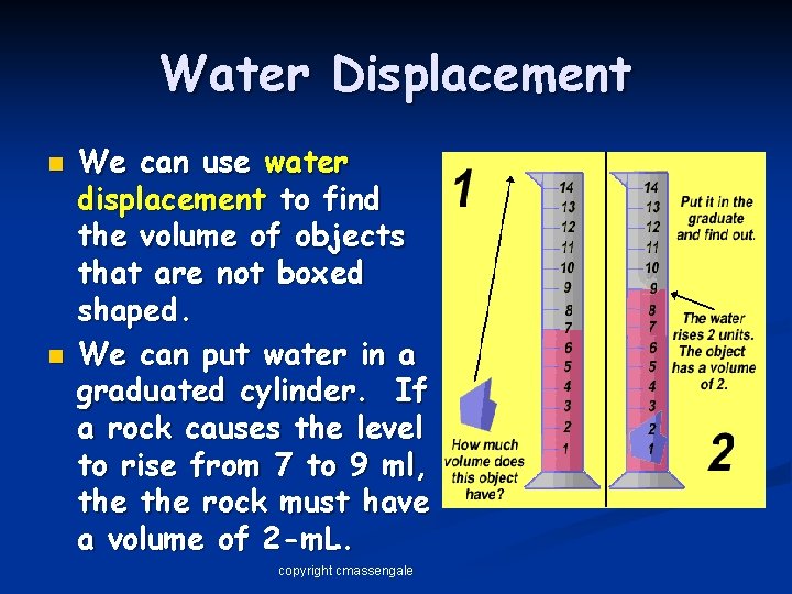 Water Displacement n n We can use water displacement to find the volume of