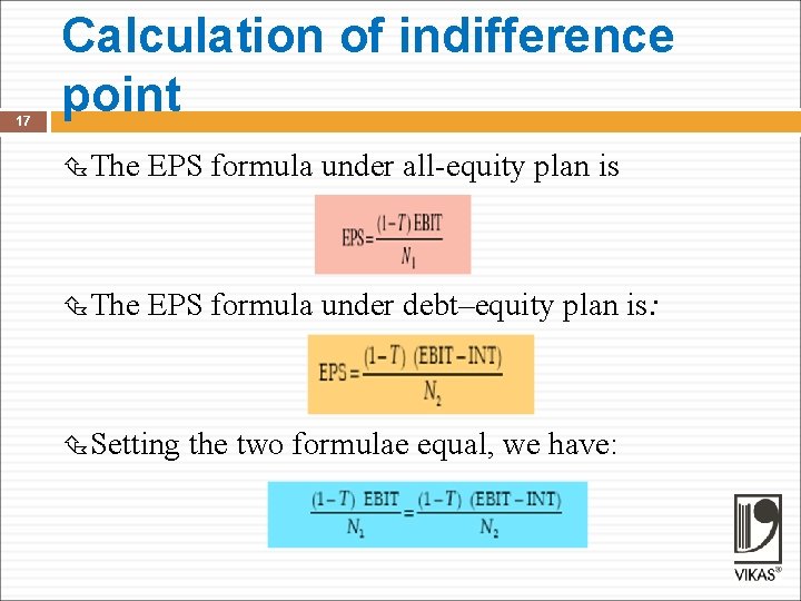 17 Calculation of indifference point The EPS formula under all-equity plan is The EPS