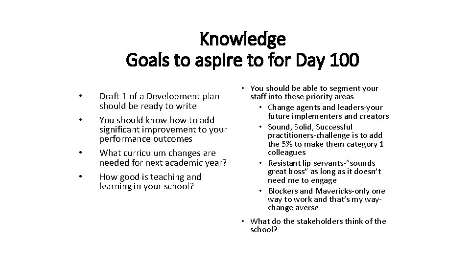 Knowledge Goals to aspire to for Day 100 • • Draft 1 of a
