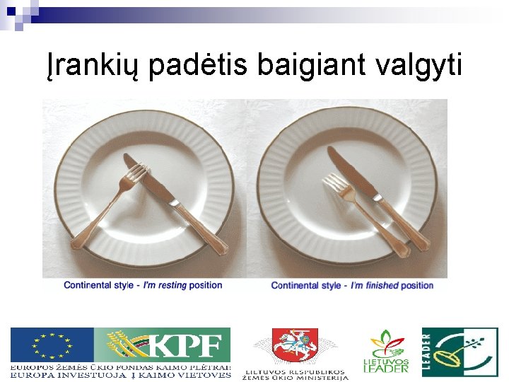 Įrankių padėtis baigiant valgyti 