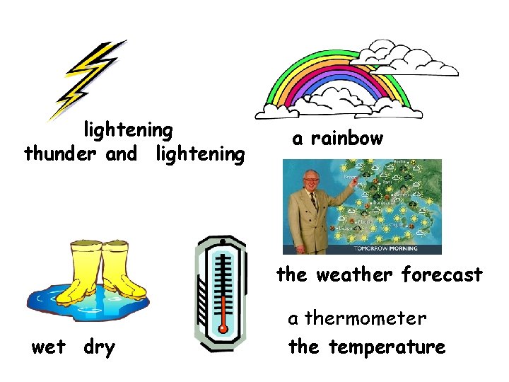 lightening thunder and lightening a rainbow the weather forecast wet dry a thermometer the