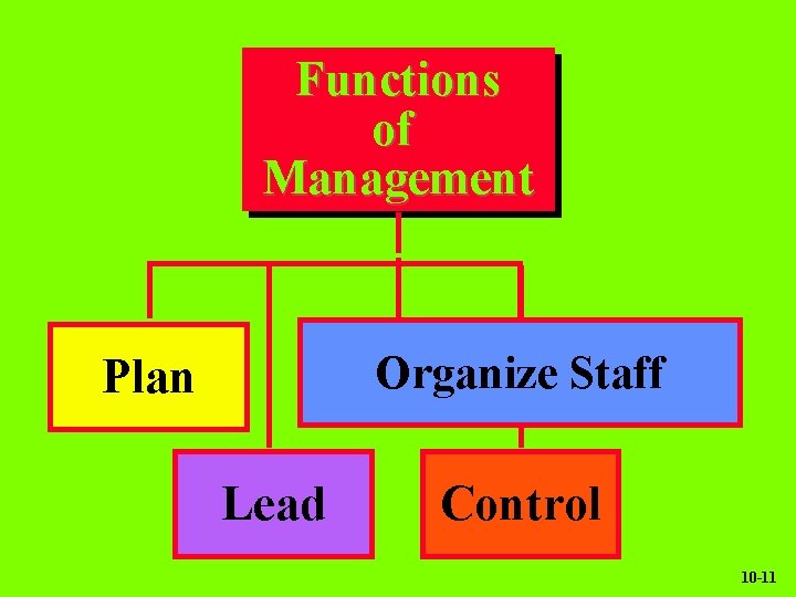 Functions of Management Organize Staff Plan Lead Control 10 -11 