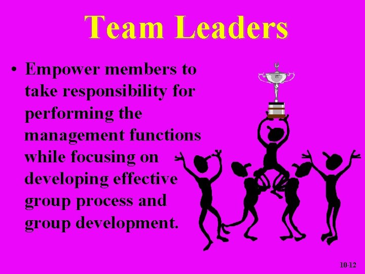 Team Leaders • Empower members to take responsibility for performing the management functions while