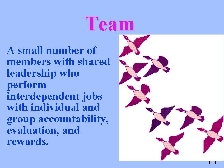 Team A small number of members with shared leadership who perform interdependent jobs with