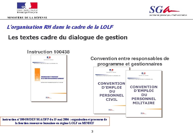 L’organisation RH dans le cadre de la LOLF instruction n° 100438/DEF/SGA/DFP du 15 mai