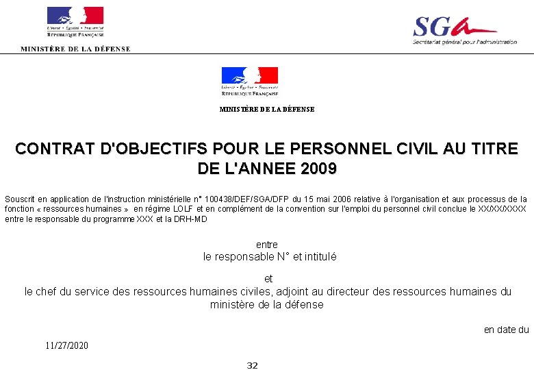 MINISTÈRE DE LA DÉFENSE CONTRAT D'OBJECTIFS POUR LE PERSONNEL CIVIL AU TITRE DE L'ANNEE