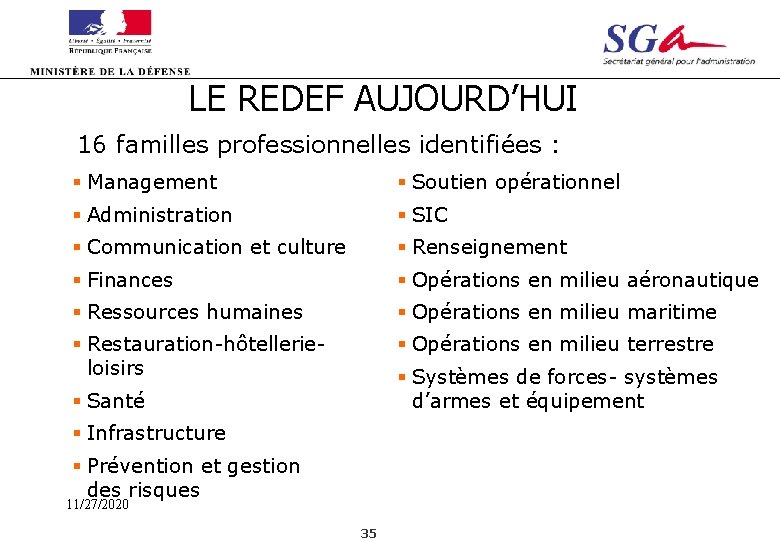 LE REDEF AUJOURD’HUI 16 familles professionnelles identifiées : § Management § Soutien opérationnel §