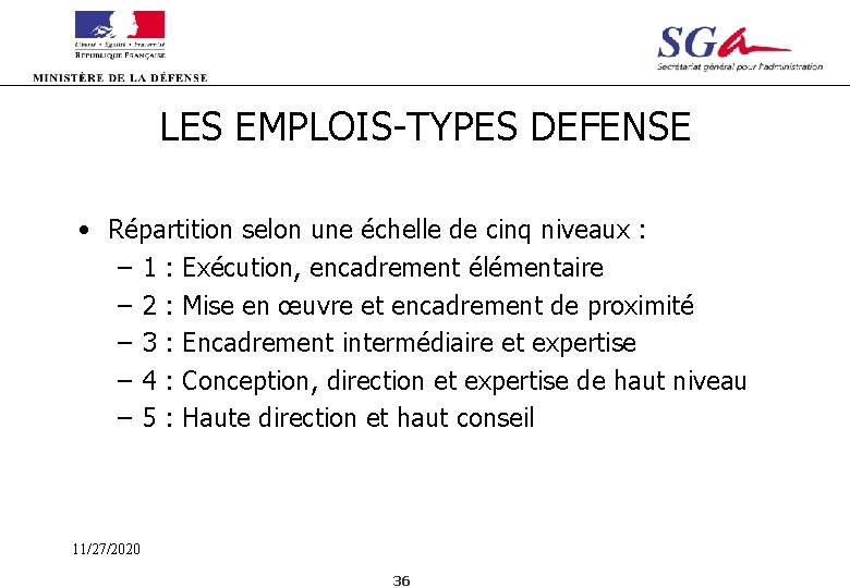 LES EMPLOIS-TYPES DEFENSE • Répartition selon une échelle de cinq niveaux : – 1