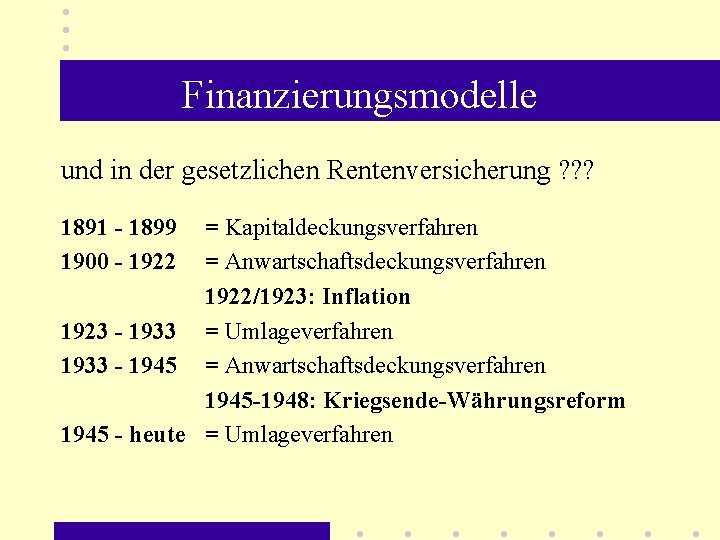 Finanzierungsmodelle und in der gesetzlichen Rentenversicherung ? ? ? 1891 - 1899 1900 -