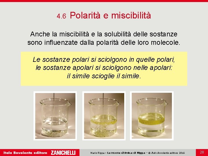 4. 6 Polarità e miscibilità Anche la miscibilità e la solubilità delle sostanze sono