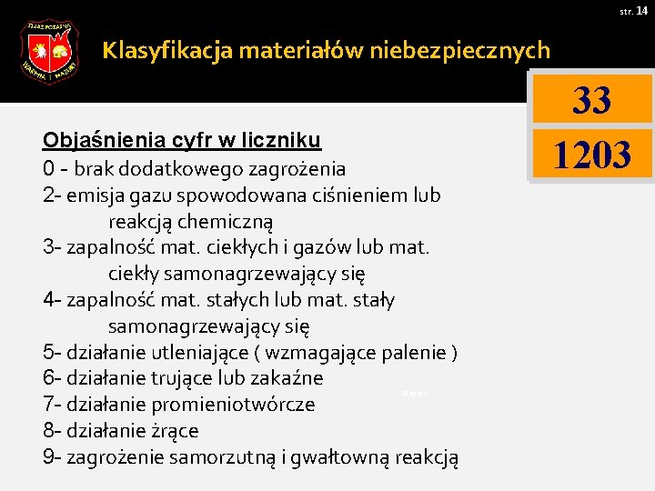 str. 14 Klasyfikacja materiałów niebezpiecznych Objaśnienia cyfr w liczniku 0 - brak dodatkowego zagrożenia