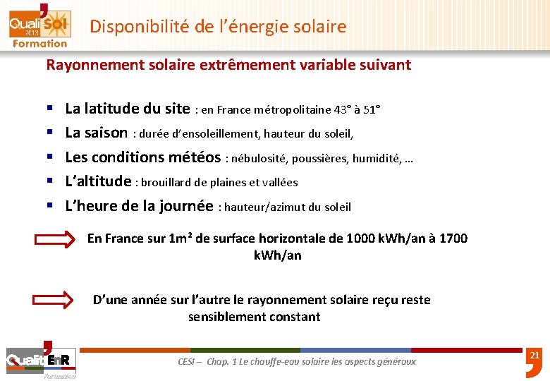 Disponibilité de l’énergie solaire Rayonnement solaire extrêmement variable suivant § § § La latitude