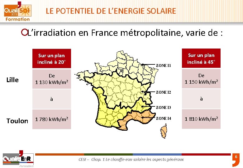 LE POTENTIEL DE L’ENERGIE SOLAIRE ¡L’irradiation en France métropolitaine, varie de : Sur un