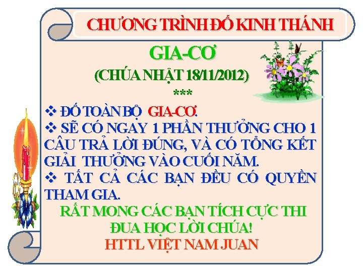 CHƯƠNG TRÌNH ĐỐ KINH THÁNH GIA-CƠ (CHÚA NHẬT 18/11/2012) *** v ĐỐ TOÀN BỘ