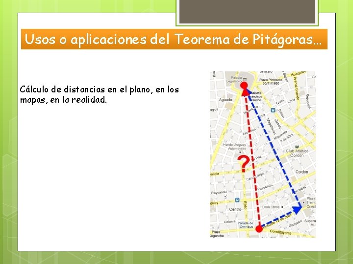 Usos o aplicaciones del Teorema de Pitágoras… Cálculo de distancias en el plano, en