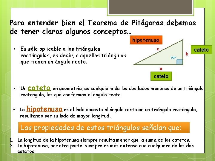 Para entender bien el Teorema de Pitágoras debemos de tener claros algunos conceptos… hipotenusa