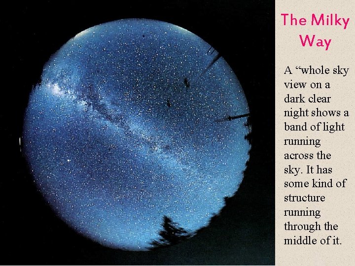 The Milky Way A “whole sky view on a dark clear night shows a