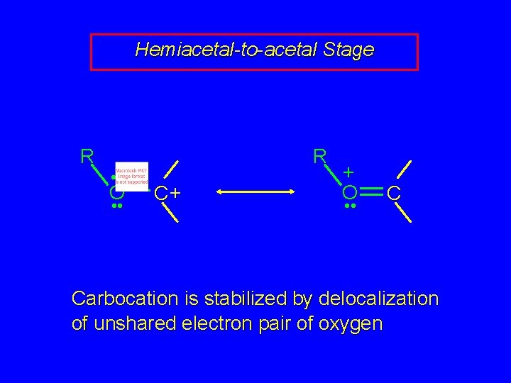 Hemiacetal-to-acetal Stage R • • O • • R C+ + O • •