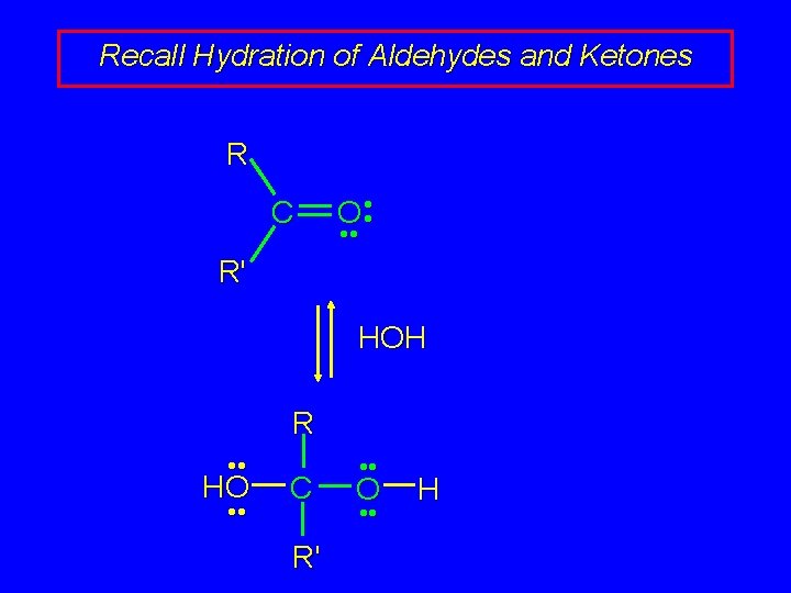 Recall Hydration of Aldehydes and Ketones R C O • • R' HOH R