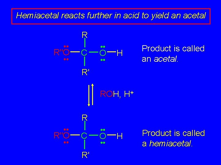 Hemiacetal reacts further in acid to yield an acetal R • • R"O •