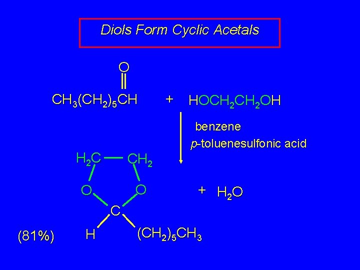 Diols Form Cyclic Acetals O CH 3(CH 2)5 CH + HOCH 2 OH benzene